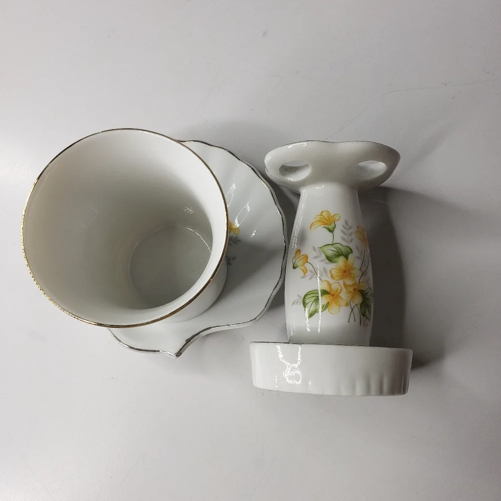 Vtg Bathroom China Porcelain Set Cup Toothbrush Stand Scalloped Soap Dish MCM